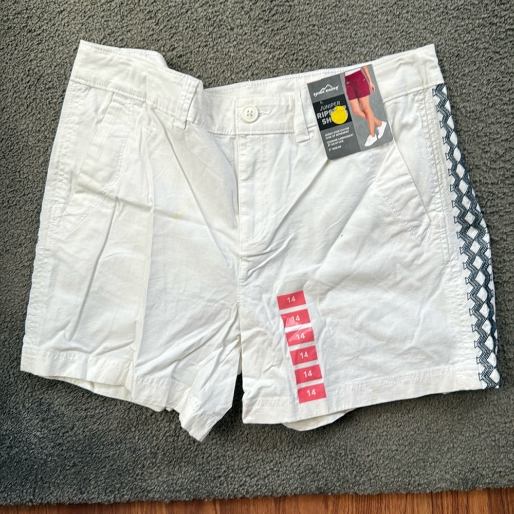Eddie Bauer Juniper Ripstop Women's White Shorts with Blue Accents. Size 14